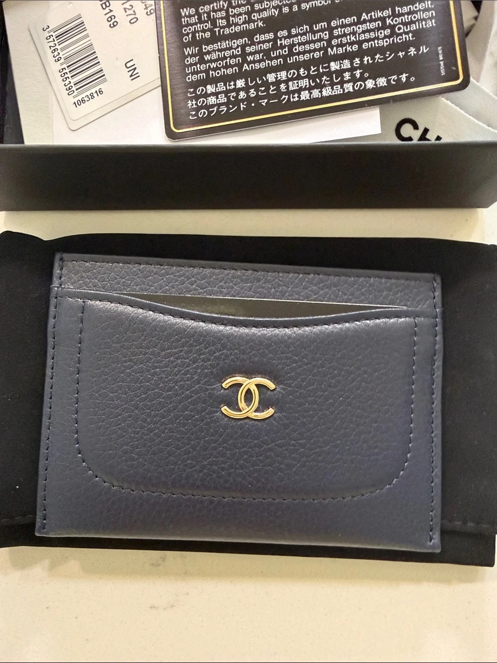 CHANEL Navy and Gold Leather Card Holder with CC Emblem
